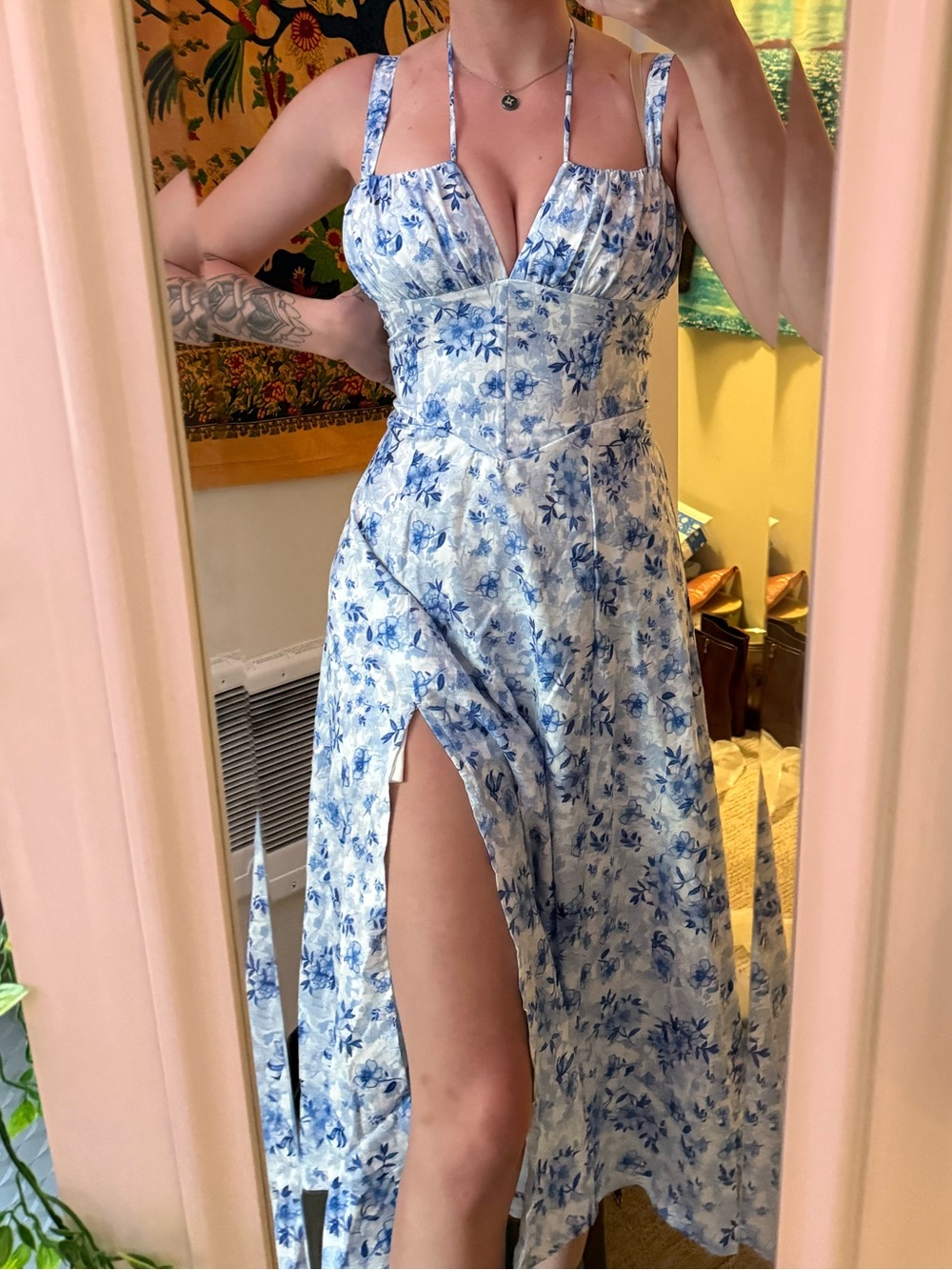 GLNEGE Blue and White Corset Floral V or milkmaid neckline Maxi Dress Side Slit
